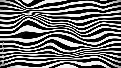 Abstract geometric texture of lines with black and white stripes. Wavy, curving distortion effect creates a bending, warped appearance. Design for banners, ads, posters, and backgrounds.