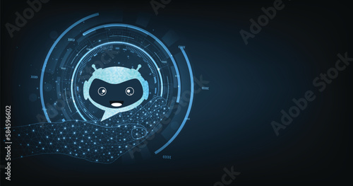 Online Robot chatbot head icon style vector illustration on dark blue background. AI concept. Cute bot helper character concept business assistant.