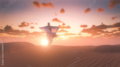 Women wearing beautiful blue and white Arab clothes rising her hands at the desert