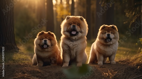Three chow-chow dogs portrait autumn woodland fall scene.