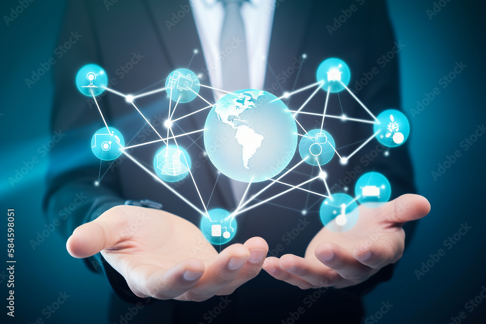 Business network connection, new business development opportunities. Digital interface held by businessman in hand showing new distribution connections. Generative ai Business network connection, new business development opportunities. Digital interface held by businessman in hand showing new distribution connections. Generative ai