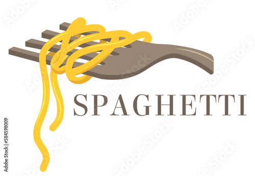 spaghetti. Pasta roll on the fork. Italian pasta with fork silhouette. Black fork with spaghetti on the yellow background. Hand holding a fork with spaghetti.