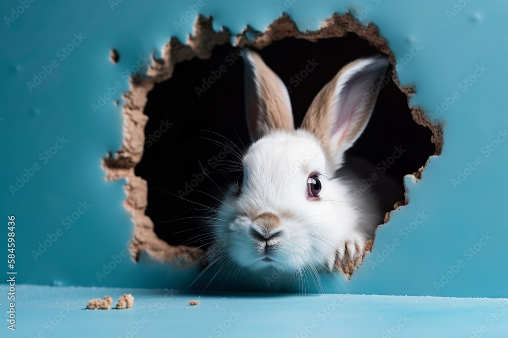 Bunny peeking out of a hole in blue wall, fluffy eared bunny easter