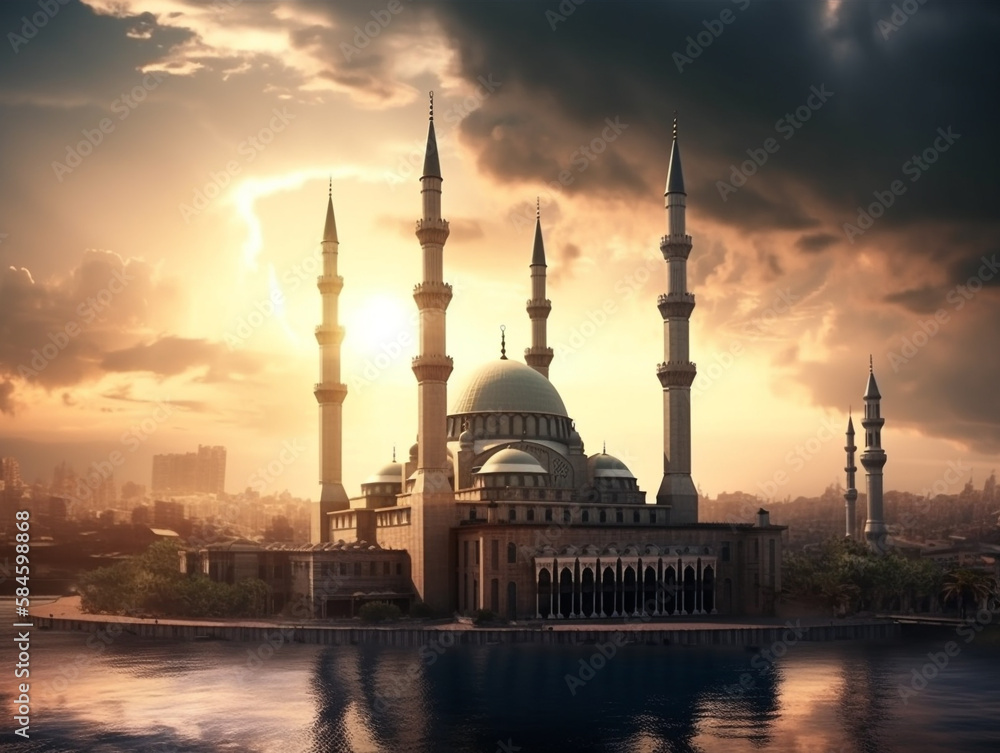 Islamic mosque dramatic sunset scene mosque on a lake with a cloudy sky in the background