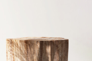 Minimal, natural log wood podium table in beautiful sunlight, leaf shadow in blank cream white wall, floor for modern luxury beauty, cosmetic, organic, nature, fashion product display background 3D