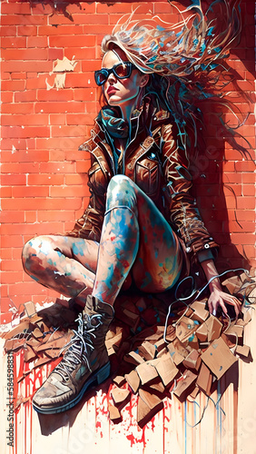 cyberpunk girl in sunglasses, high-heeled shoes, on the background of a red brick wall, bright street graffiti, vertical image, generated in AI