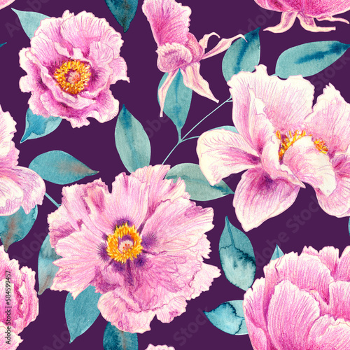 Seamless pattern of pink peonies flowers and blue green leaves. Hand drawn illustration. Hand painted floral elements. Botanical natural objects on purple background.