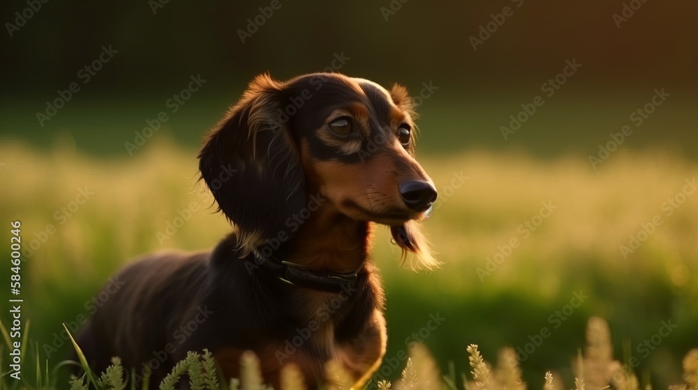 portrait of dachshund on a walk in a field covered with sunlight in spring or summer