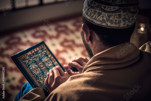 Muslim elder sitting in masjid reading quran before prayer time at subdued dark light AI generated