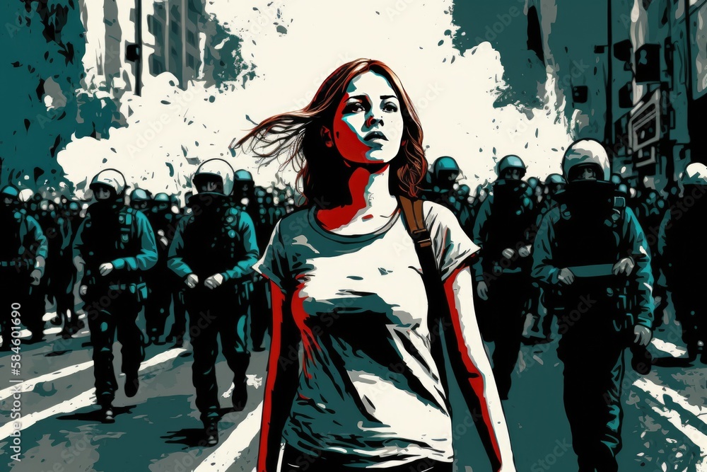 Fototapeta premium Young woman at a mass demonstration with smoke in the background. Generative AI