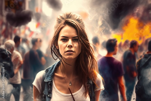 Young woman at a mass demonstration with smoke in the background. Generative AI