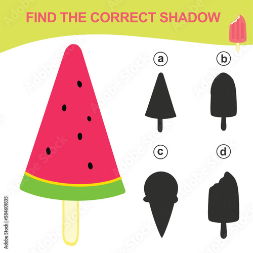 Educational game worksheet for children find the correct shadow silhouette of kawaii cartoon ice creams. Printable worksheet with vector illustrations format. 