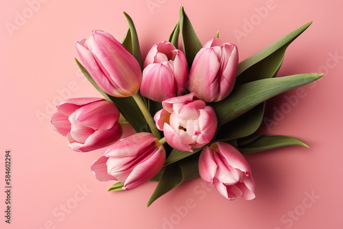 Bouquet of pink tulips flowers on pastel pink background. Beautiful spring flowers composition. Valentine s Day  Easter  Birthday  Happy Women s Day  Mother s Day. Flat  top view  copy space
