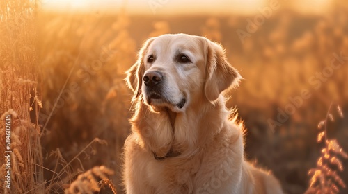 Beautiful golden retriever adult dog in a woodland outdoor sunlit  countryside setting.