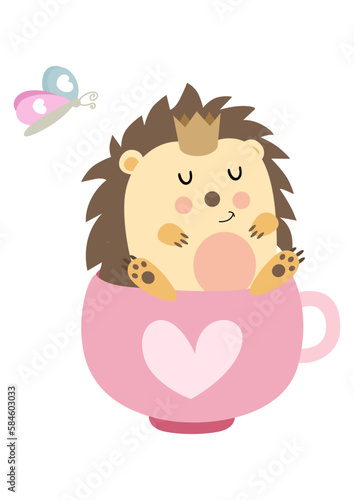 Cute hedgehog with crown on head inside love cup