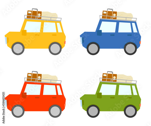 旅行の荷物を積んだ車　4色セット