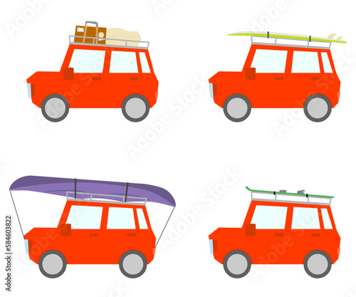 色々な荷物を積んでいる赤い車のセット