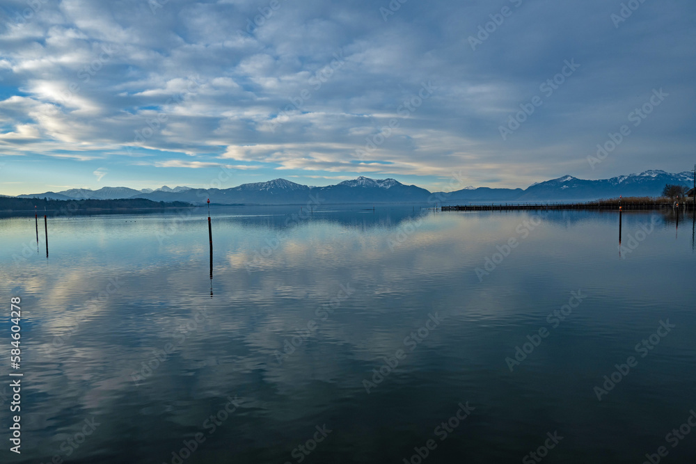 view over Chiemsee lake with the alps at the horizon