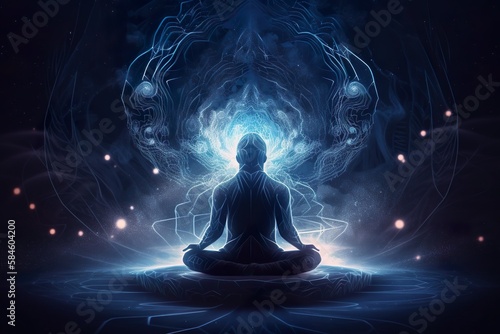Eine Person in einer meditativen Pose auf einer Yoga-Matte mit geschlossenen Augen und symbolischen Elementen im Hintergrund, was die Verbindung von Yoga und Esoterik darstellt. (Generative AI) photo