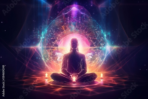 Eine Person in einer meditativen Pose auf einer Yoga-Matte mit geschlossenen Augen und symbolischen Elementen im Hintergrund, was die Verbindung von Yoga und Esoterik darstellt. (Generative AI)