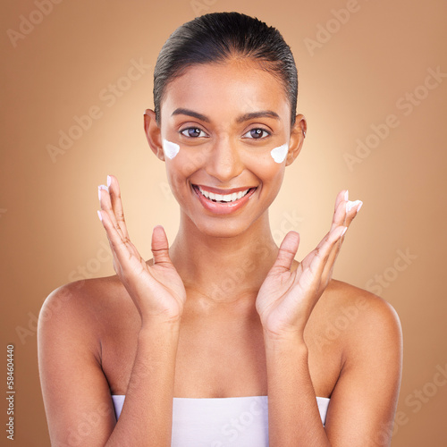 Skincare, sunscreen and portrait of a happy woman with cosmetic and spa cream. Isolated, studio background and young model with a smile from beauty cleaning, cosmetics and dermatology facial product