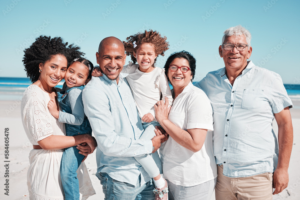 Parents, kids and grandparents in beach portrait on walk, freedom and vacation together with love. Old man, woman and grandchildren by ocean for happiness, wellness and adventure on holiday in summer Parents, kids and grandparents in beach portrait on walk, freedom and vacation together with love. Old man, woman and grandchildren by ocean for happiness, wellness and adventure on holiday in summer
