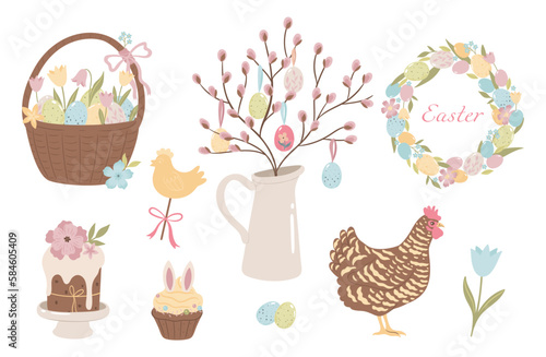 Set of cute easter items isolated on white background. Vector graphics.