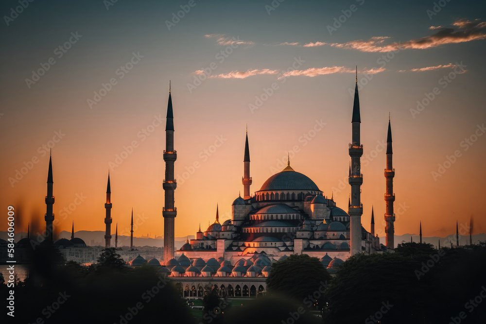 Obraz premium Exterior of muslim mosque in traditional design colorful style with arabic ornaments AI generated