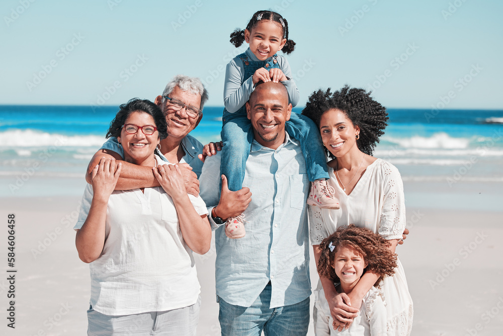 Big family, smile and portrait at beach on vacation, bonding and care with piggyback. Holiday relax, summer ocean and happy father, mother and children, girls or grandparents enjoying time together.