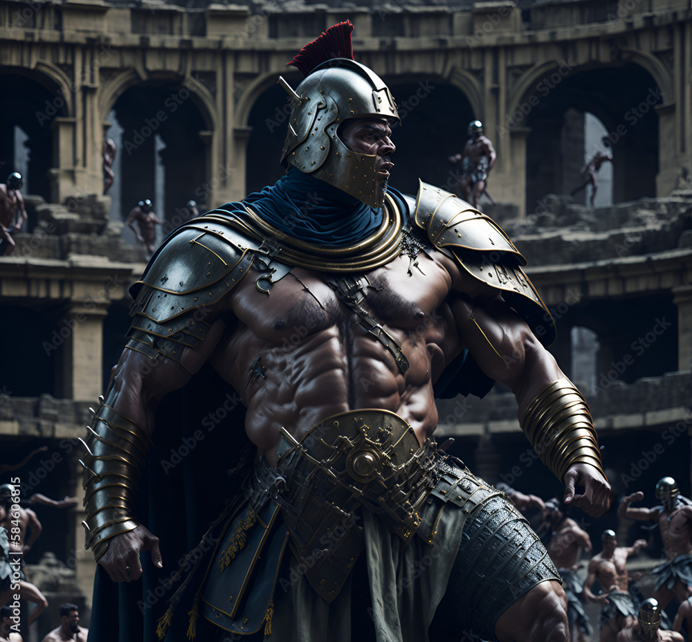 Savage Roman gladiator fighting inside the coliseum. Generative Artificial Intelligence.