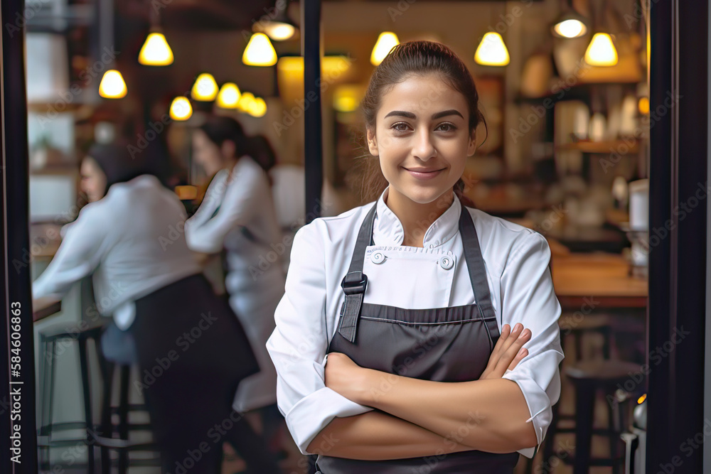 Fototapeta premium Portrait of waitress young woman wearing apron smiling and looking at camera, Attractive owner female working at cafe in restaurant coffee shop interior feeling creerful and happy.