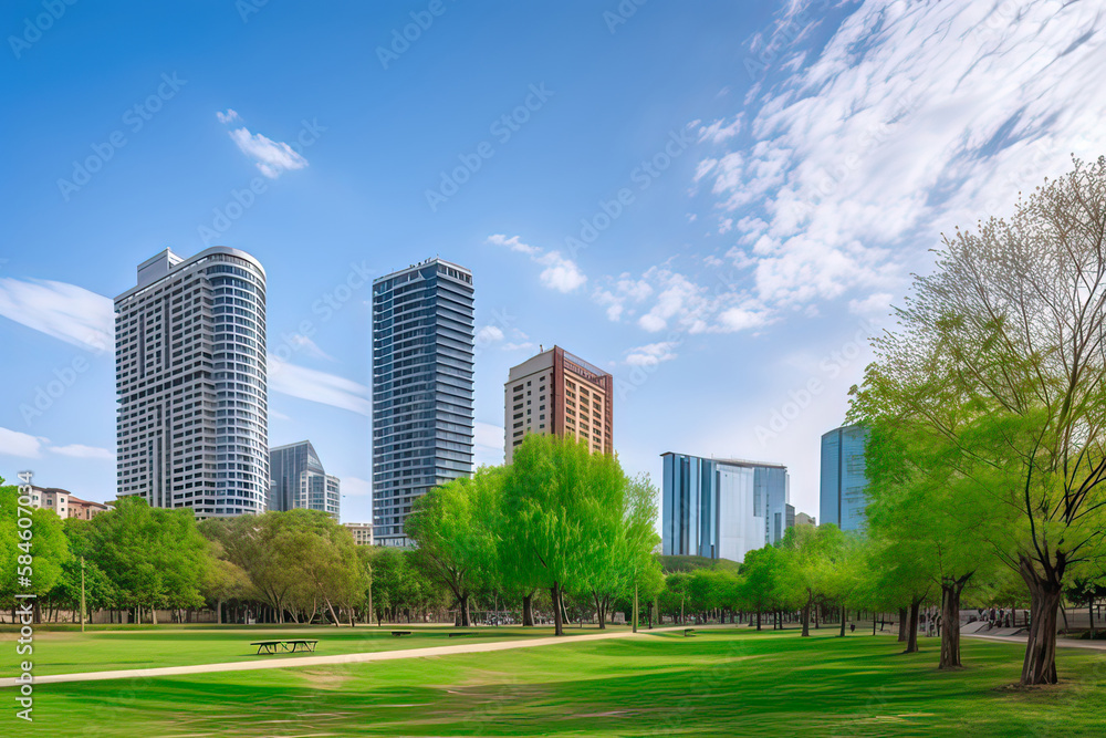 Park and building with blue sky.