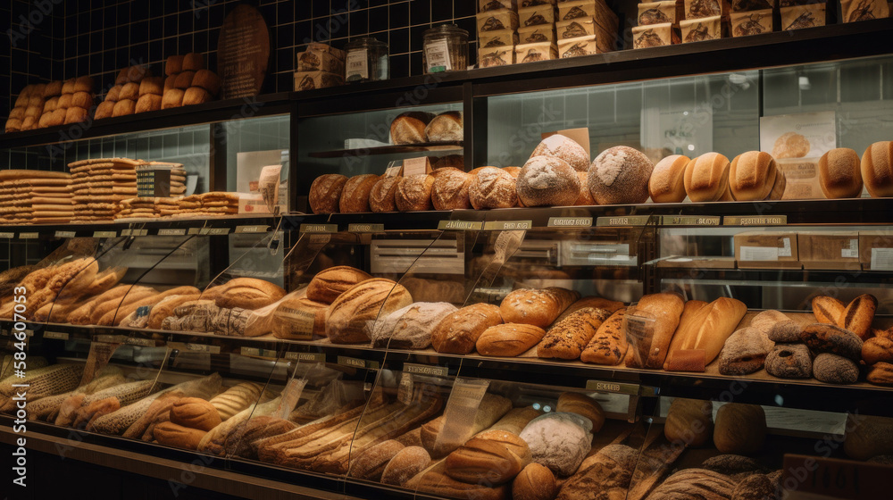 An organic, eco-friendly vegan grocery and bakery store featuring a wooden wall and parquet floor, offering a variety of bread, buns, and snacks on shelves for a healthy shopping lifestyle, perfect fo