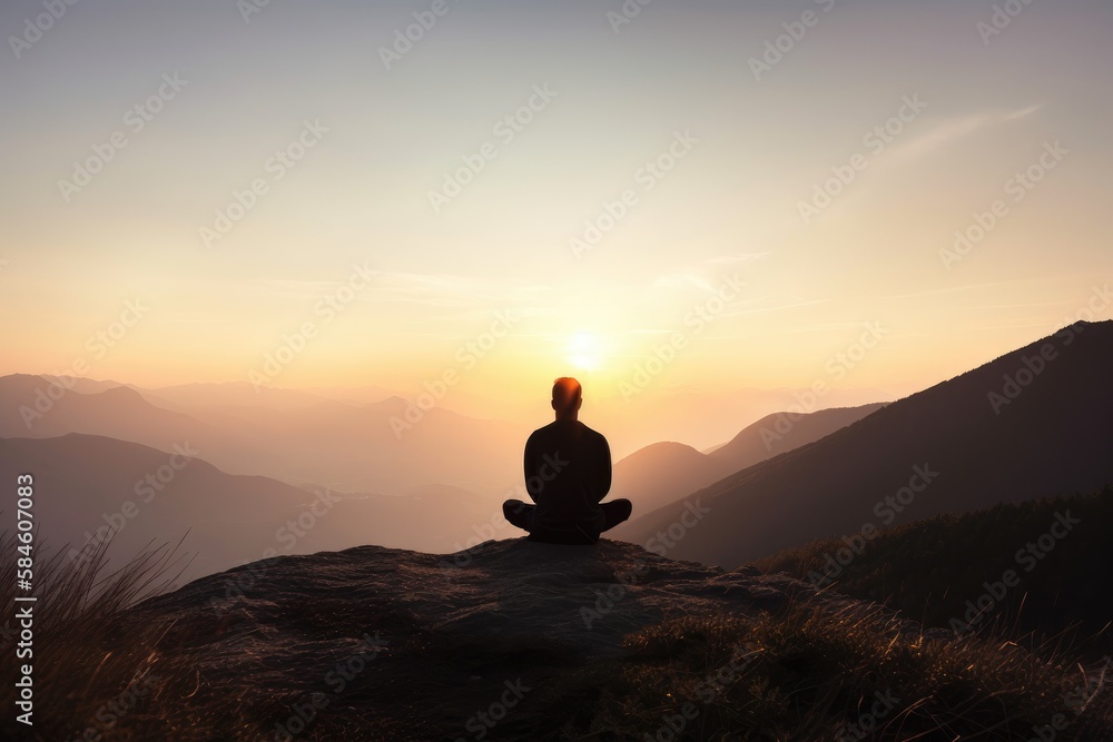 Rear view of man practicing meditation or yoga pose on the mountain at sunset time. Generative ai. Rear view of man practicing meditation or yoga pose on the mountain at sunset time. Generative ai.