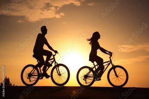 Silhouette of Couple of young man and woman cycling together along the road at sunset time, Generative Ai 