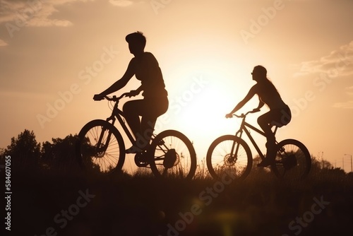 Silhouette of Couple of young man and woman cycling together along the road at sunset time, Generative Ai 