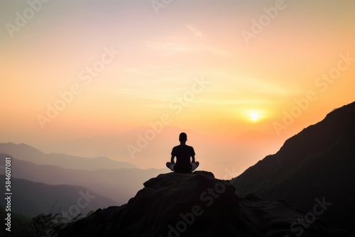 Rear view of man practicing meditation or yoga pose on the mountain at sunset time. Generative ai.