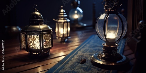 Ramadan islamic lanterns (fanous or fanoos). Arabic or Turkish decoration lamp. Banner, copy space. Generative AI illustration