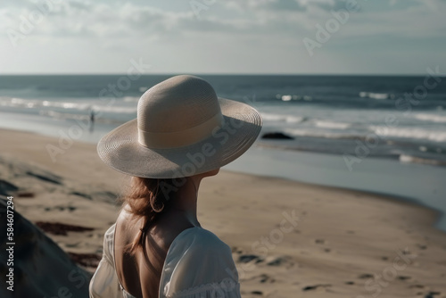 Girl on the beach Girl in summer hat AI Generative