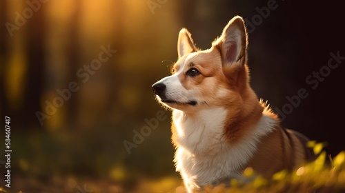 Welsh Corgi or Cardigan Welsh Corgi, outdoors bathed in sunlight.