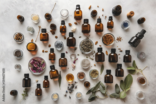 Herbal components in cosmetics perspective from on high wood as a setting. A smattering of dried holistic flowers, salt, oil infused with massage herbs, an aroma dropper, and a spoon. Generative AI photo