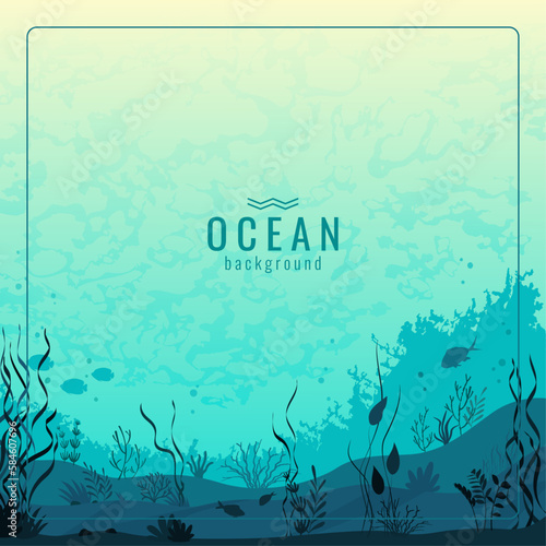 Underwater flora and fauna of the ocean. Silhouette of a coral reef with marine plants, algae, fish and sea creatures. Observing ocean wildlife. Vector illustration for poster, banner, web background.