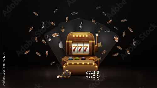 Casino Slot Machine with black playing cards, dice and chips in dark scene