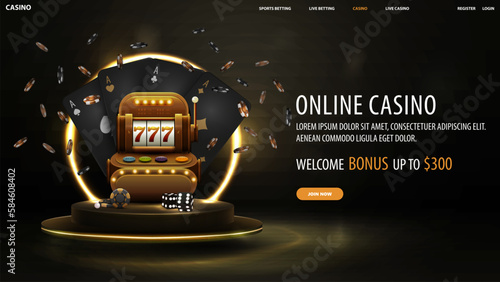 Online casino, black banner with welcome bonus, button, black playing cards, slot machine, dice and chips on podium with gold neon ring on background