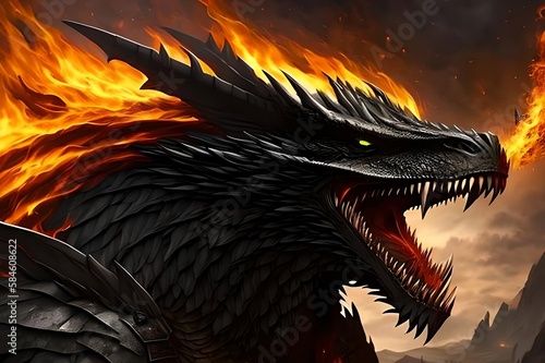 Dragon spitting fire, Balerion the black dread, game of thrones illustration, a song of ice and fire 
