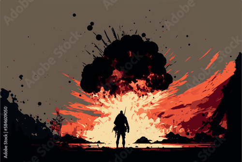 Silhouette of soldier on battlefield. Warzone. Military man on desolated area. Vector illustration of explosion and destruction. Modern war, burning landscape. Black smoke. Apocalypse. Infantry troops