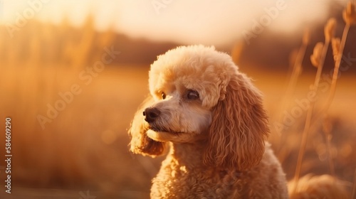 White poodle dog outdoors on a golden autumn backdrop of warm sunlight.