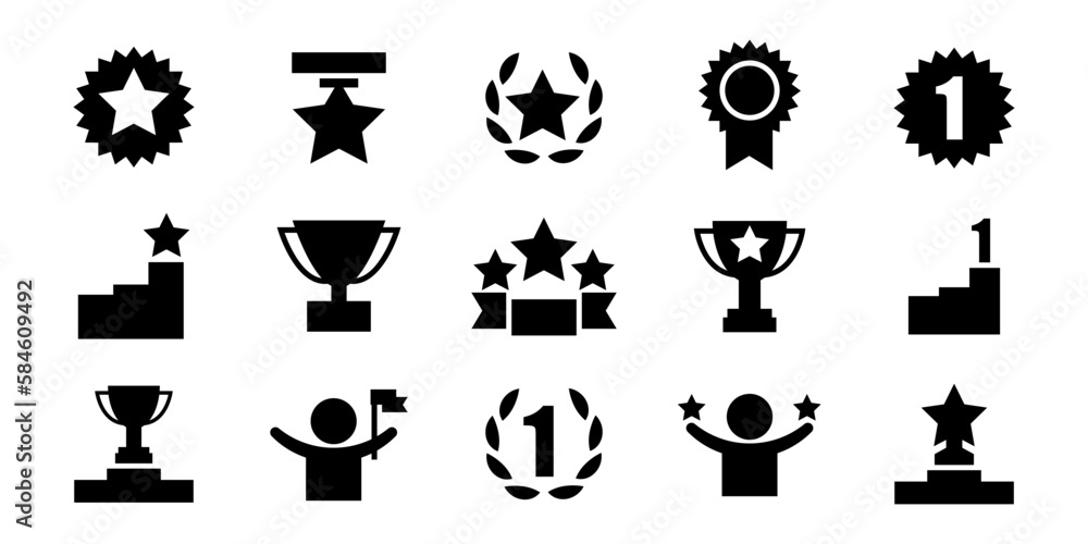 Fototapeta premium Set with award, award with number 1, one, trophy cup, trophy cup with star winner medal, trophy star, user with rating vector icon 