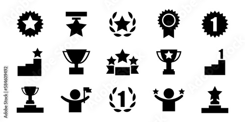 Set with award, award with number 1, one, trophy cup, trophy cup with star winner medal, trophy star, user with rating vector icon 