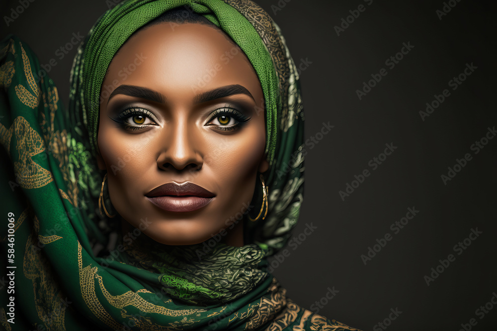 Generative AI illustration of confident black woman wearing colorful ornamental headscarf and looking at camera - obrazy, fototapety, plakaty 